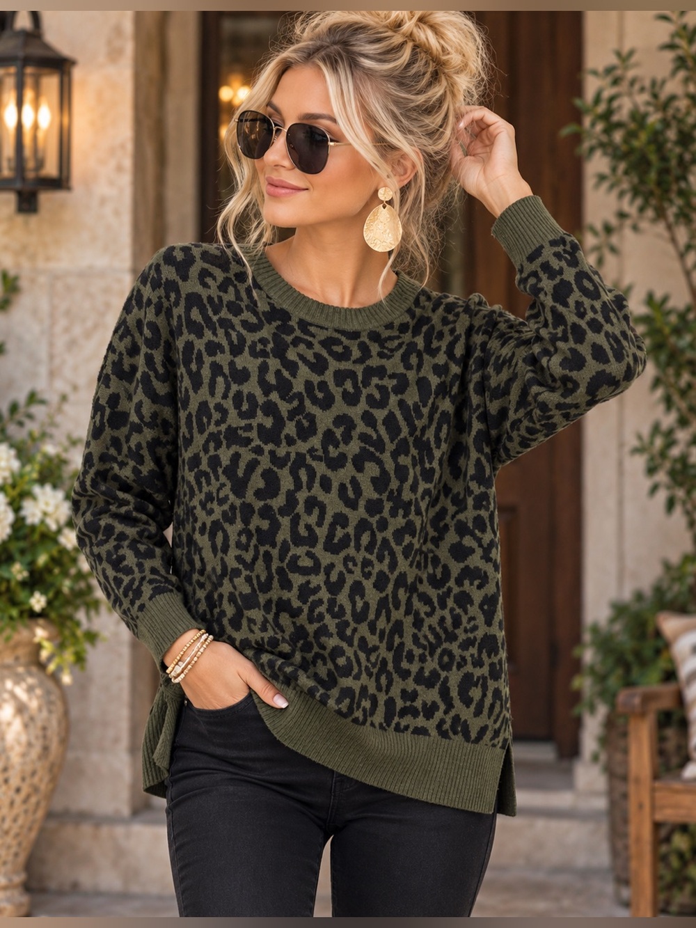 Nordstrom Rack Leopard Animal Print Olive Green Sweater Large Relaxed Fit